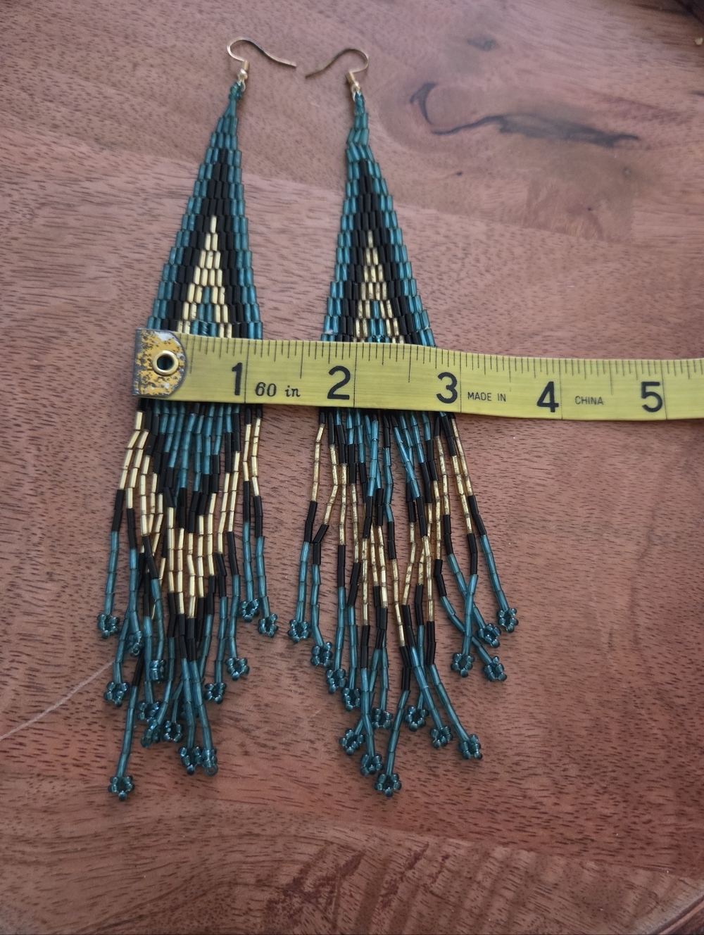 Western Teal Gold Black beaded fringe earrings Boho Rodeo Festival Cowgirl - Picture 6 of 6